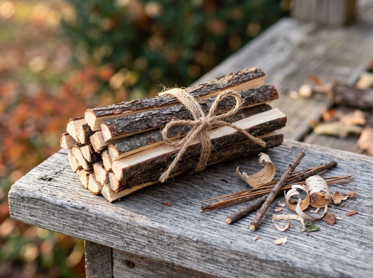A bundle of dry split kindling tied with jute twine on a weathered porch board