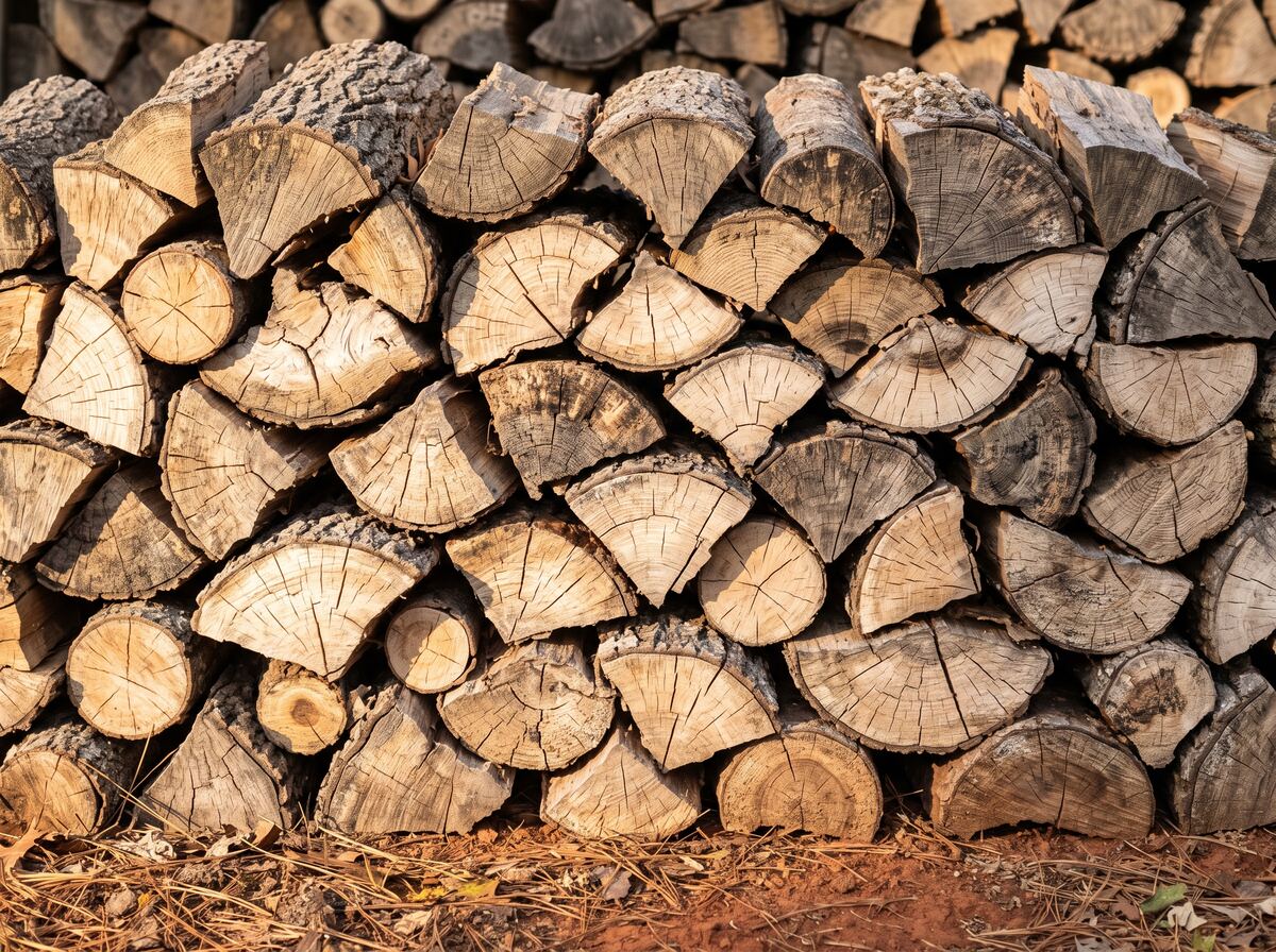 A stacked face of split mixed hardwood — oak, maple and cherry — with checked end grain, on red Piedmont clay