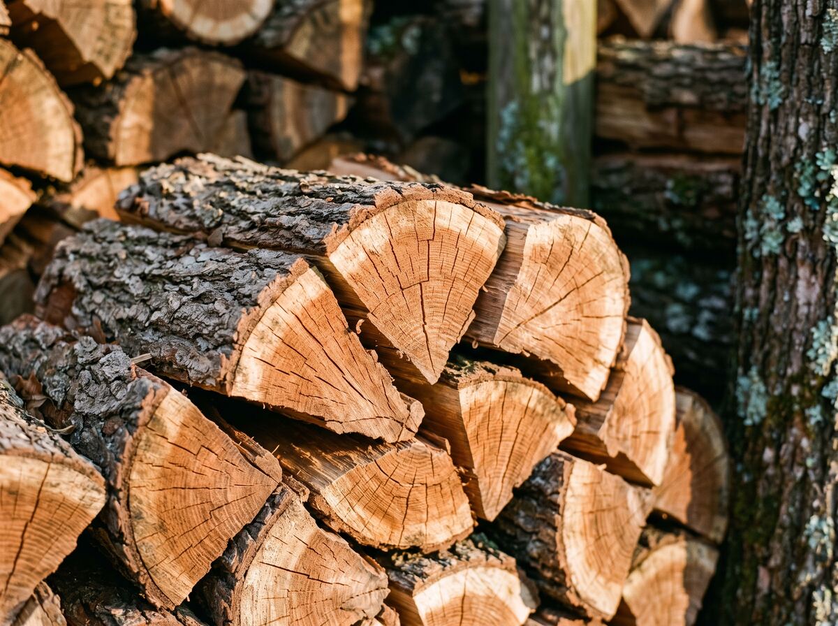 Close-up of seasoned split red oak in a rick, the cut faces deeply checked from months of drying