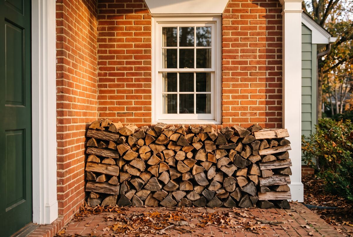A rick of split oak stacked waist-high against the brick wall of a Colonial house, under a white-trimmed window